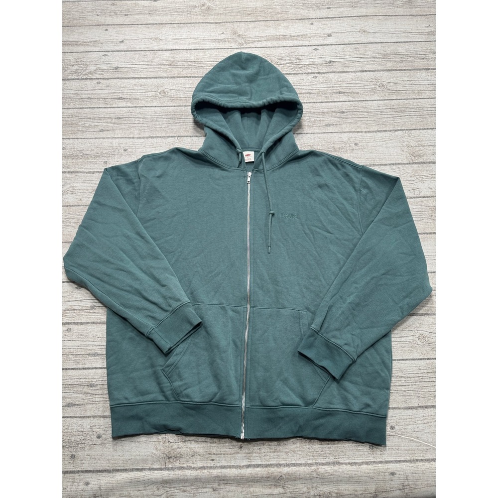 Y2K Levi's Hoodie Men's XL Green Relaxed Fit Fleece Lined Full Zip Athleisure